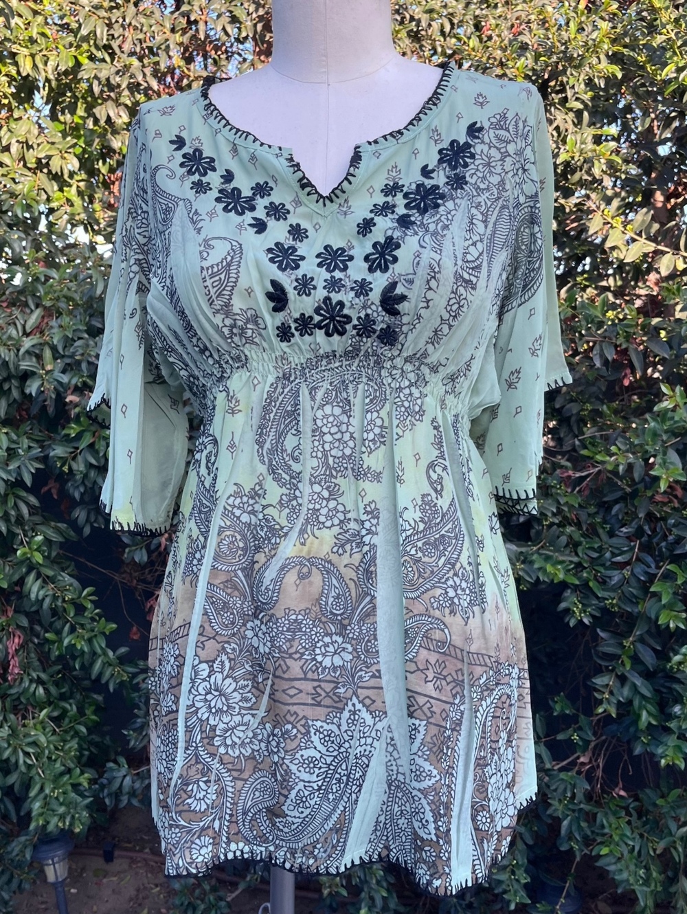 Fairy Hippie Vintage Y2K Boho Tunic Dress Mint Green Paisley Floral Embroidered